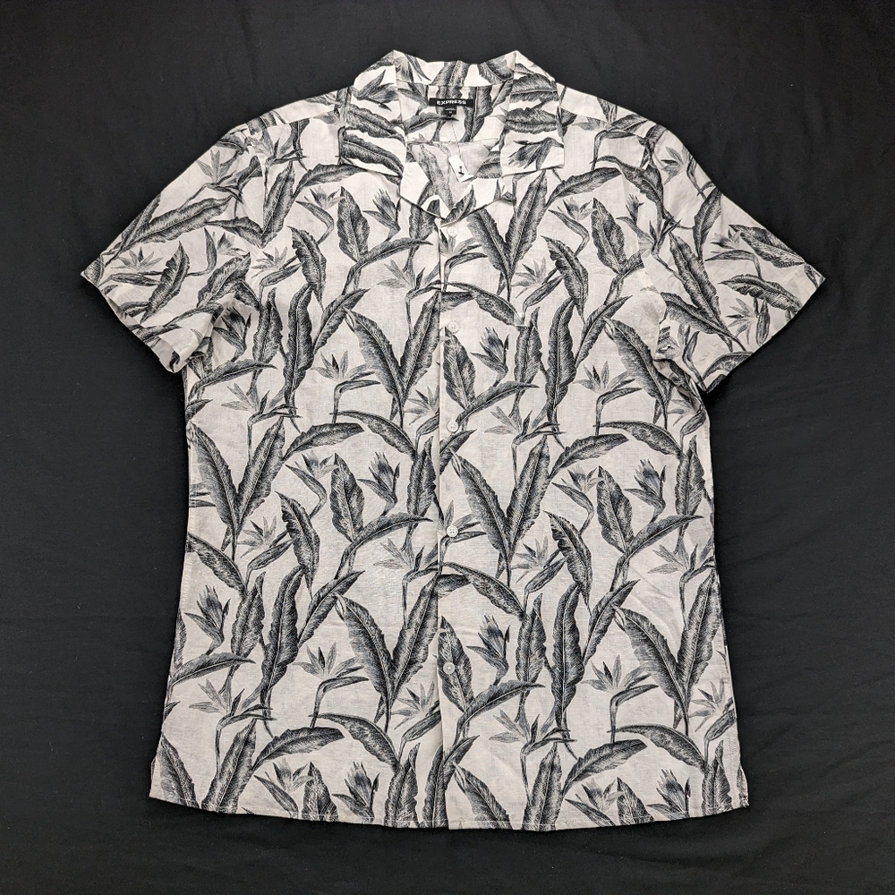 Express Men's Hawaiian Shirt Men's Size Medium Linen Blend Palm Trees Floral